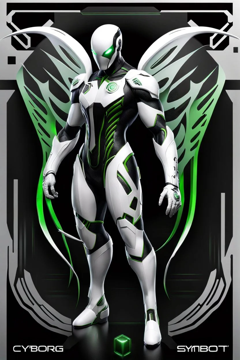 Cyborg symbiote, white color, green color, tendrils, high tech, cyberpunk, biopunk, membrane wings, carbon fiber, cyber tentacles, and the other two.