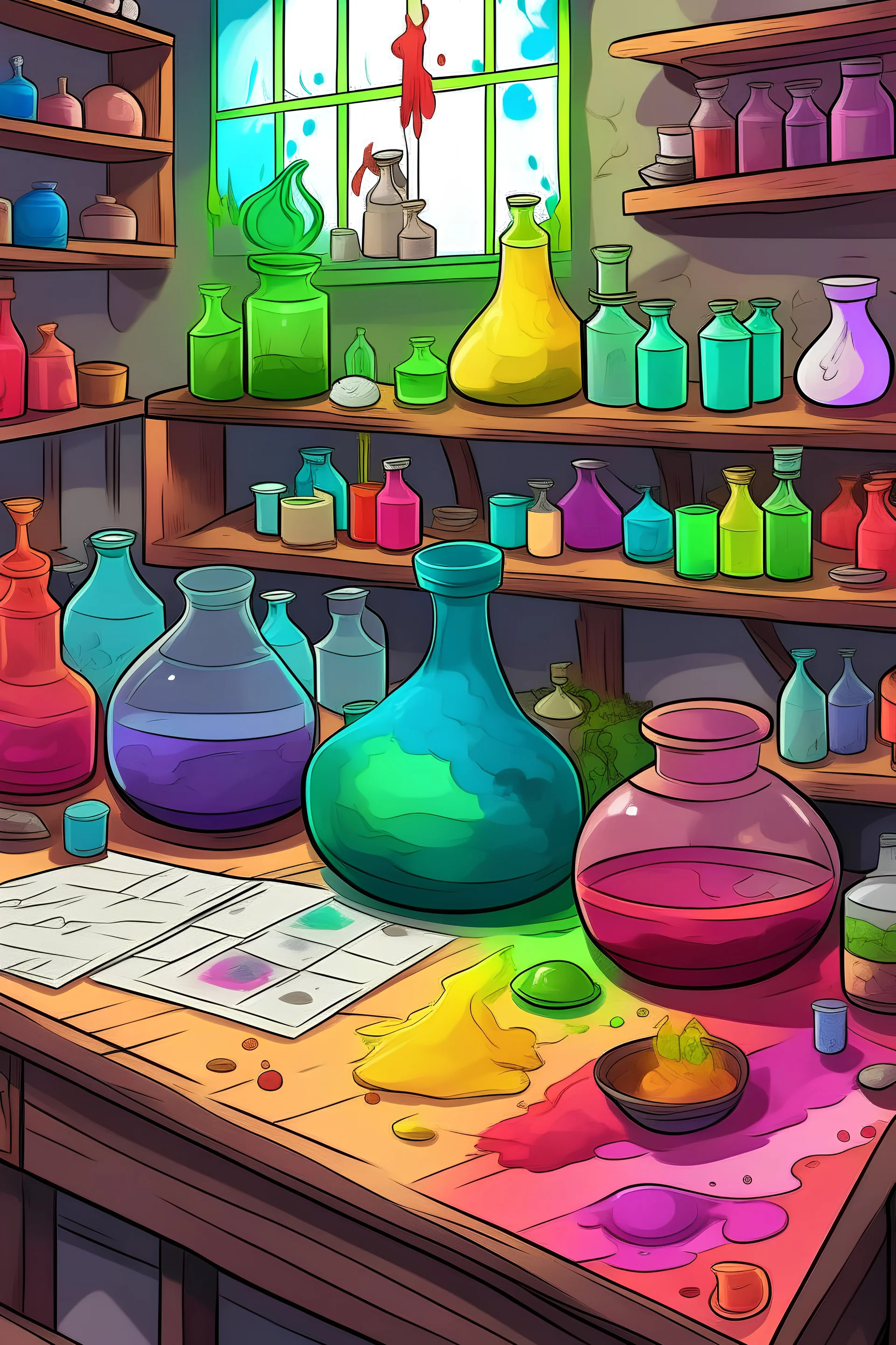 coloriages mystères: Un laboratoire où les étudiants concoctent des potions pour soigner et aider les animaux magiques blessés.