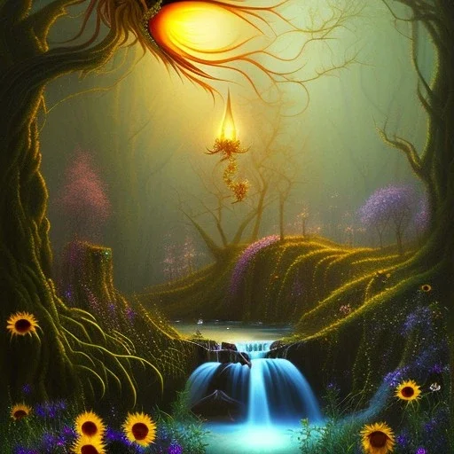  black sunflower, in winding magical forest with waterfall and a creature