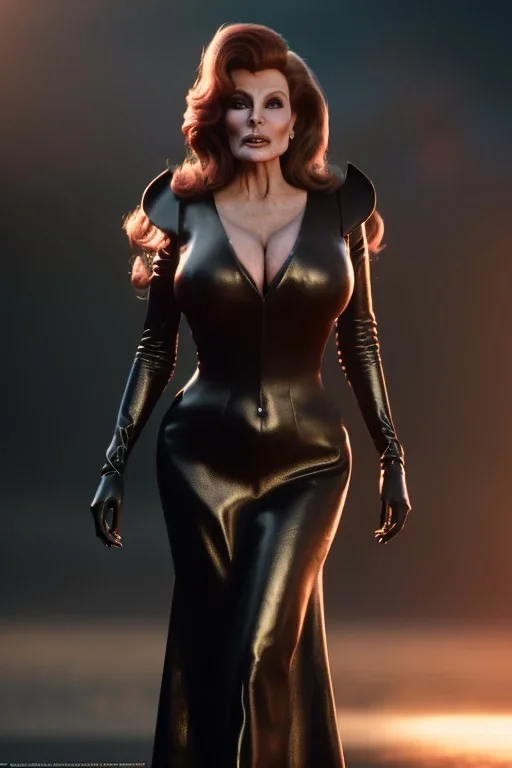 Raquel Welch as evil queen in black leather gown, angry, busty, curvey, cleavage, unreal 5, octane render, cinema4d, dynamic lighting, dramatic lighting, 4k, redshift render, highly detailed, hyper realistic