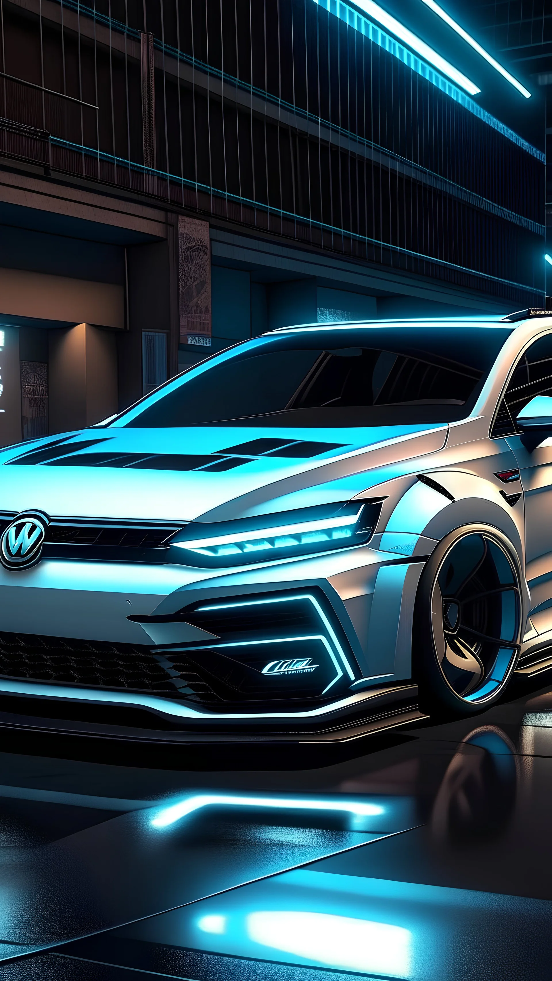 a white 2024 Volkswagen GTI that is modded and armored in a cyberpunk-style setting.