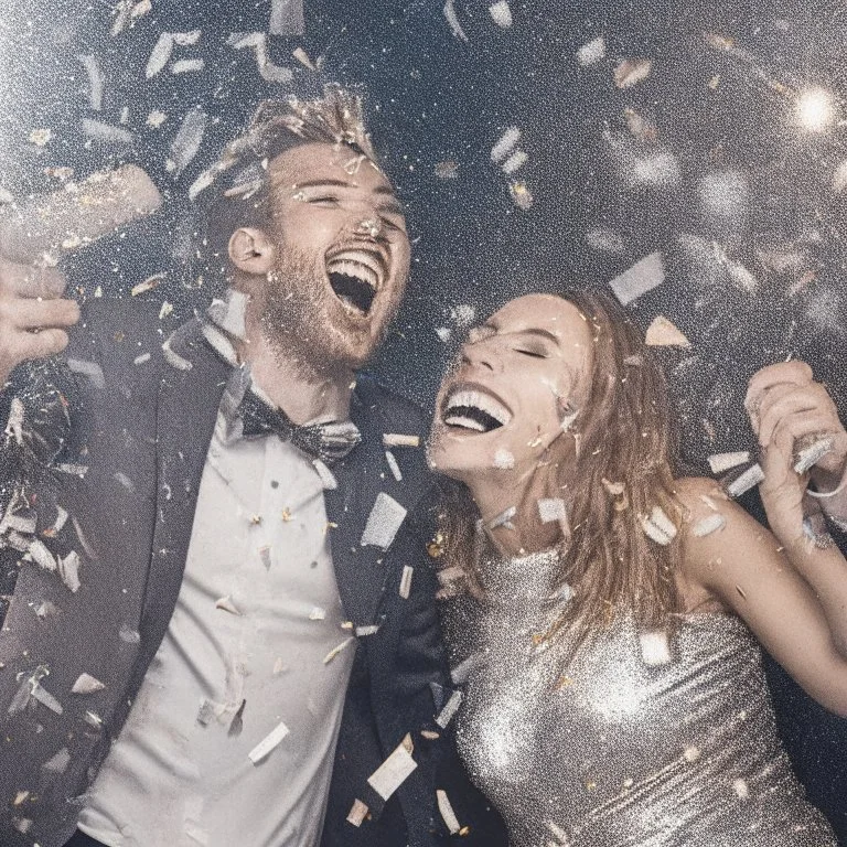 A couple partying with silver confetti