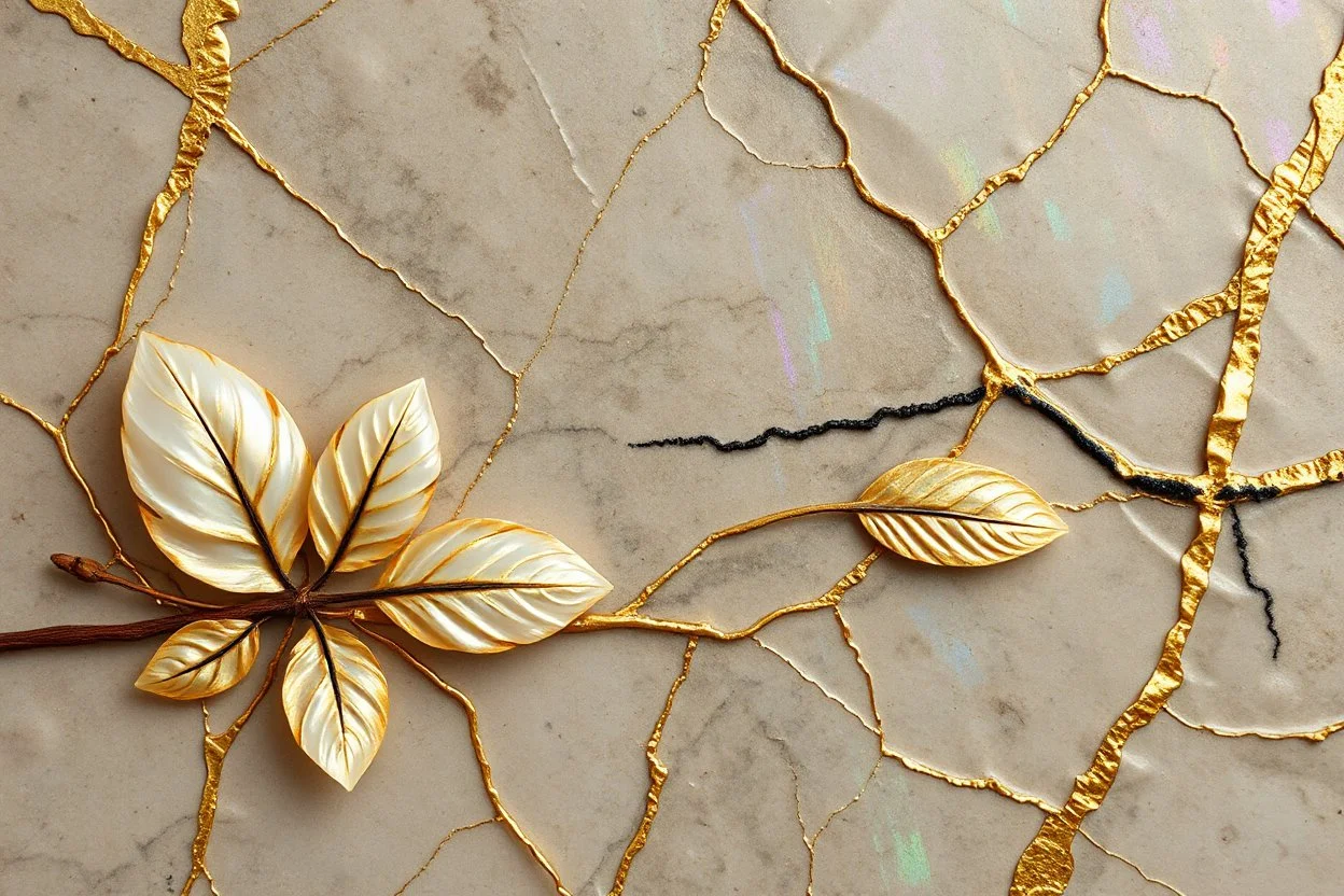 3D effect, shades, golden patina, corrosion, watercolour, pastel eggshell impasto effect, strong brush strokes, as if worked with a feather, iridescent pearl in the mud, leaves, 2 black and 2 gold lines, holographic marble backround, the cracks are golden