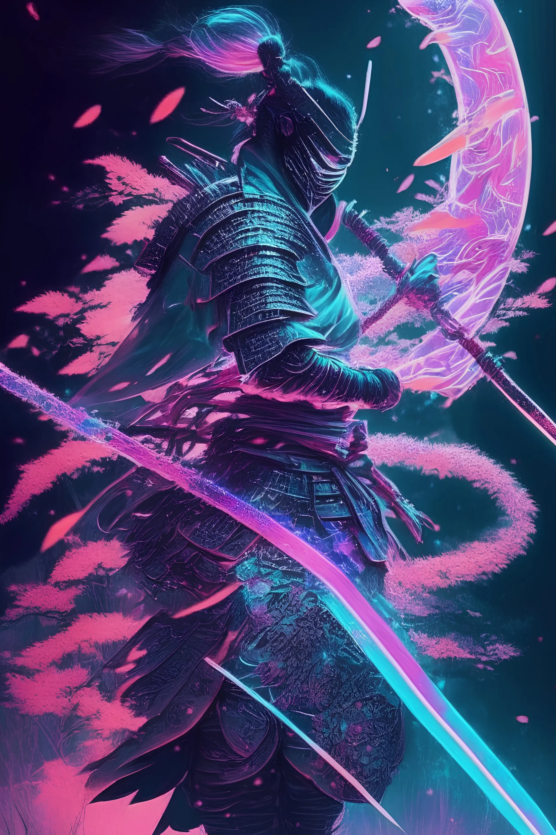 Mystical samurai emitting an aura of transparent dragons with a long, neon sword emitting an aura