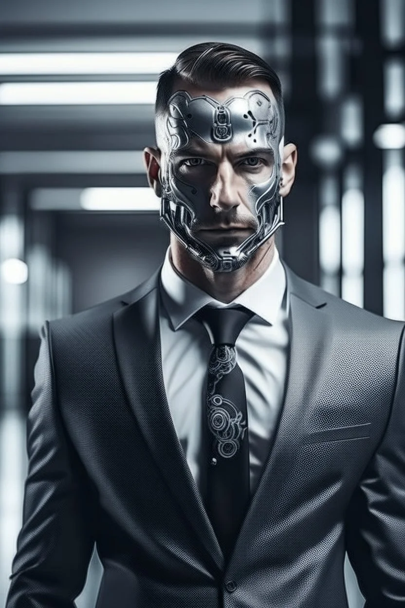 Bodyguard human with cyborg face in the business suit at the office