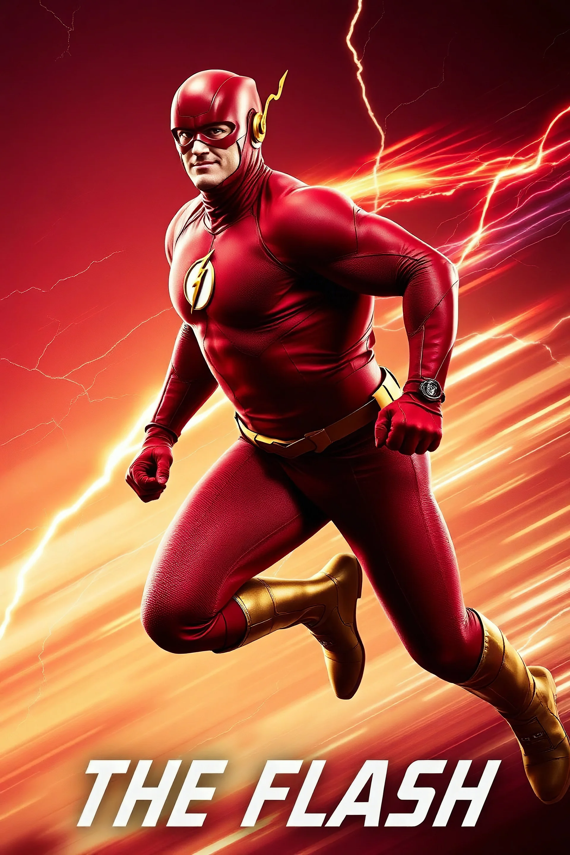 1/4 side view, looking at the viewer, Movie Poster - "THE FLASH" - A massive, thick, extremely muscular, 7'8" tall man, ((skintight, formfitting, long-sleeved, red spandex bodysuit:1.5)), ((gold knee-high boots:1.5)), ((gold wrist gauntlets, red fingerless gloves, gold, double holstered utility belt:1.5)), ((skintight, formfitting, red spandex helmet with red eye disguise,:1.5)), Running in the speedforce, multicolored lightning emanating from his body, an overly exaggerated muscular stature