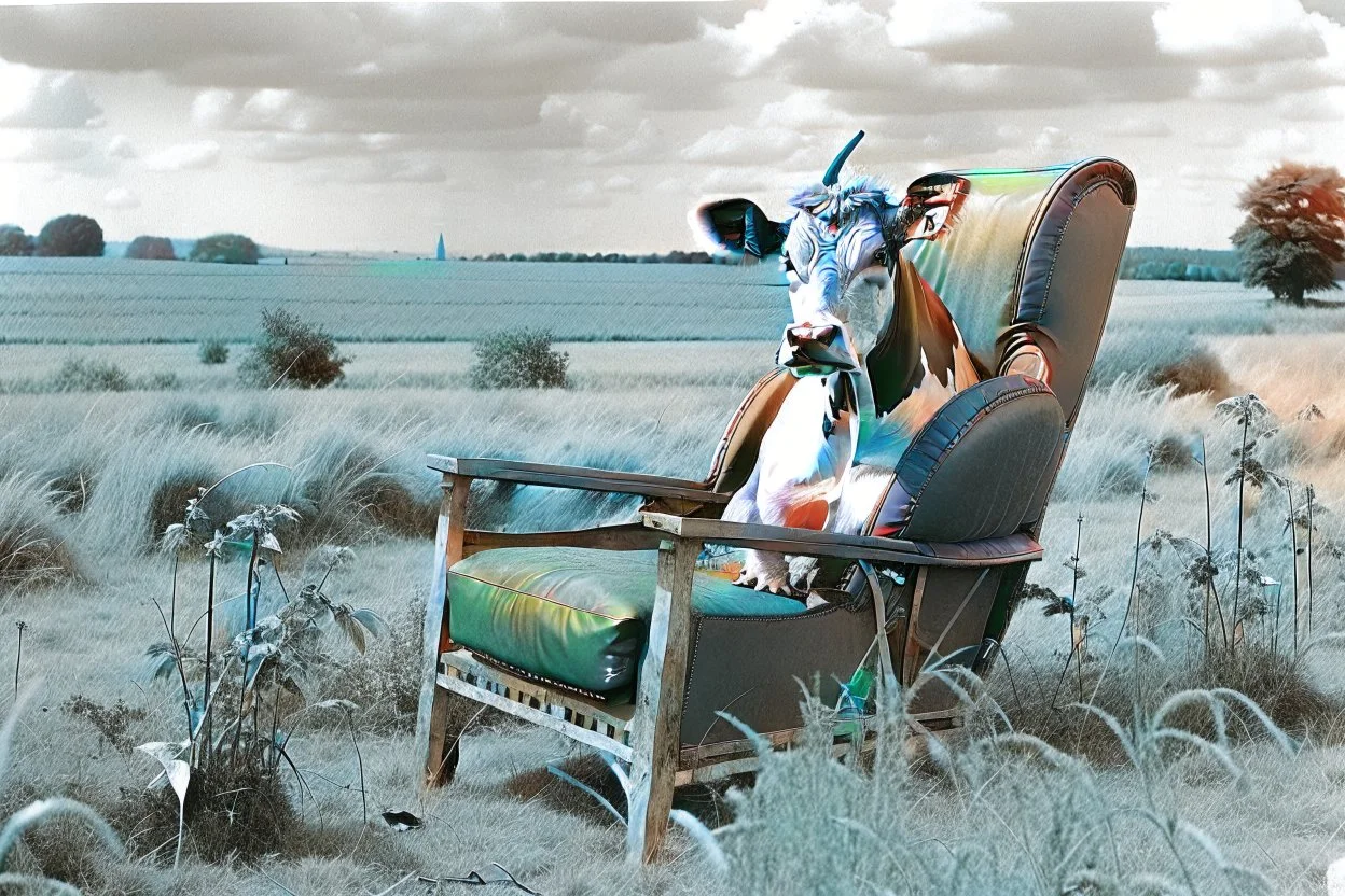 A cow sit on an vittorian armchair in large field, shooted by Cartier-Bresson