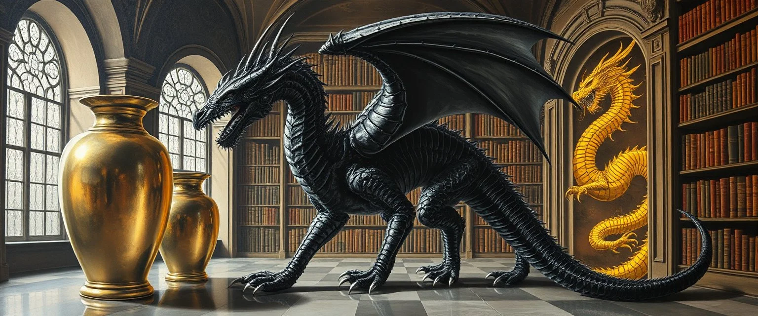master oil painting by Escher and Giger, glaring vases and black humanoid reflective dragon and hidden golden dragon inside library