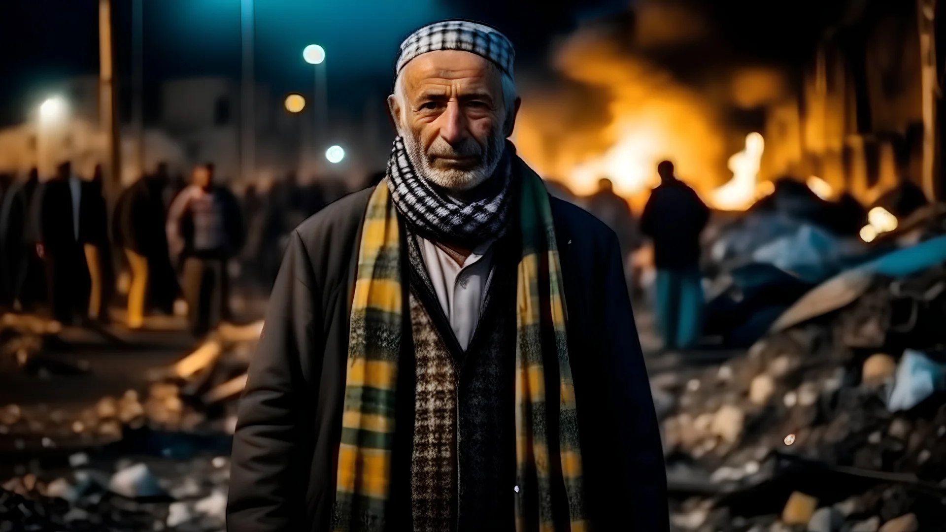 Palestinian old man wears the keffiyeh and the Palestinian dress Carrying a small city ,at winter , Destroyed Buildings , with a Explosions, at night