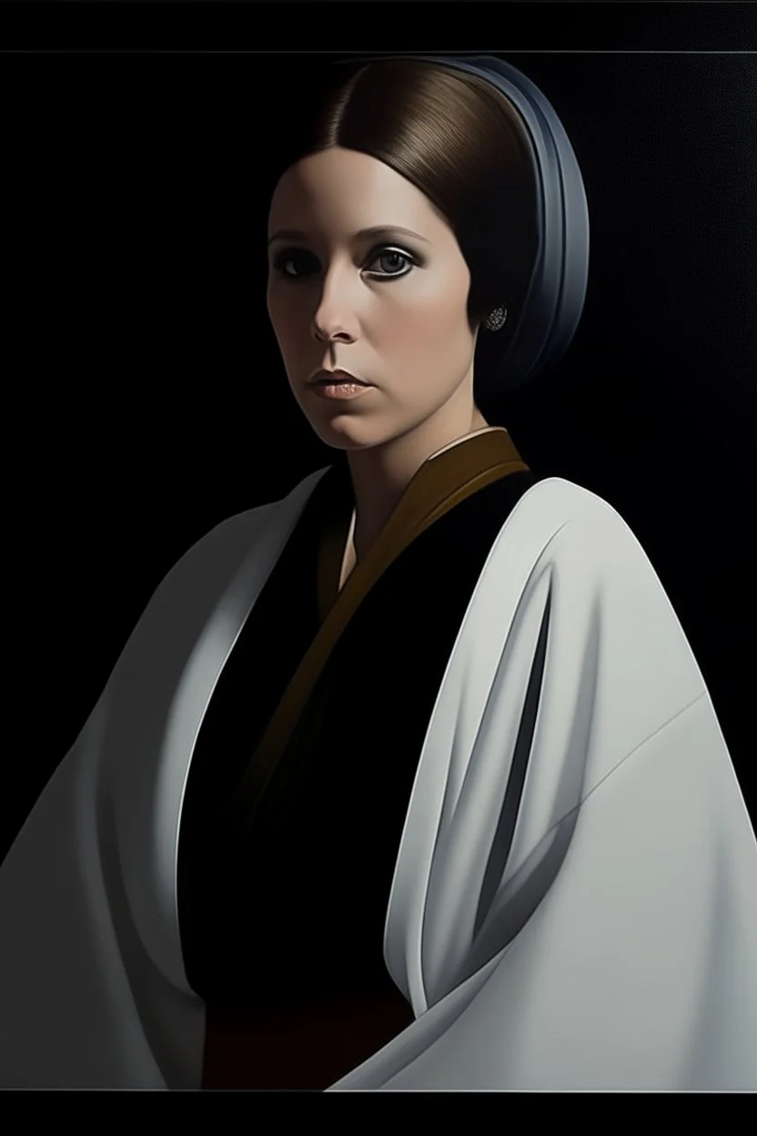 1970's dark fantasy cover dnd style oil painting of the princess Leia with minimalist far perspective