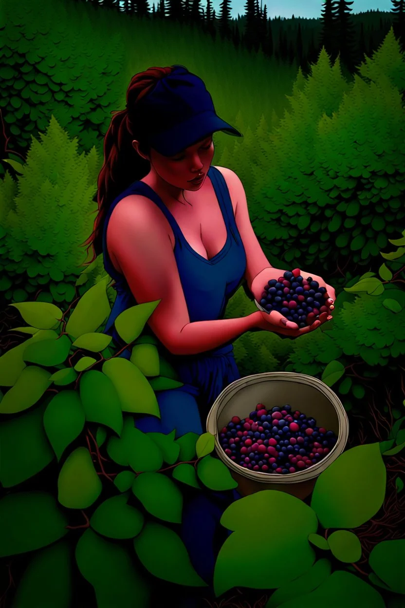 A person picking berries from a bush in a forested area in Alberta during the summer season. Suddenly they notice a plant with large, colorful berries and realize that it's deadly nightshade. They quickly back away and call for help.