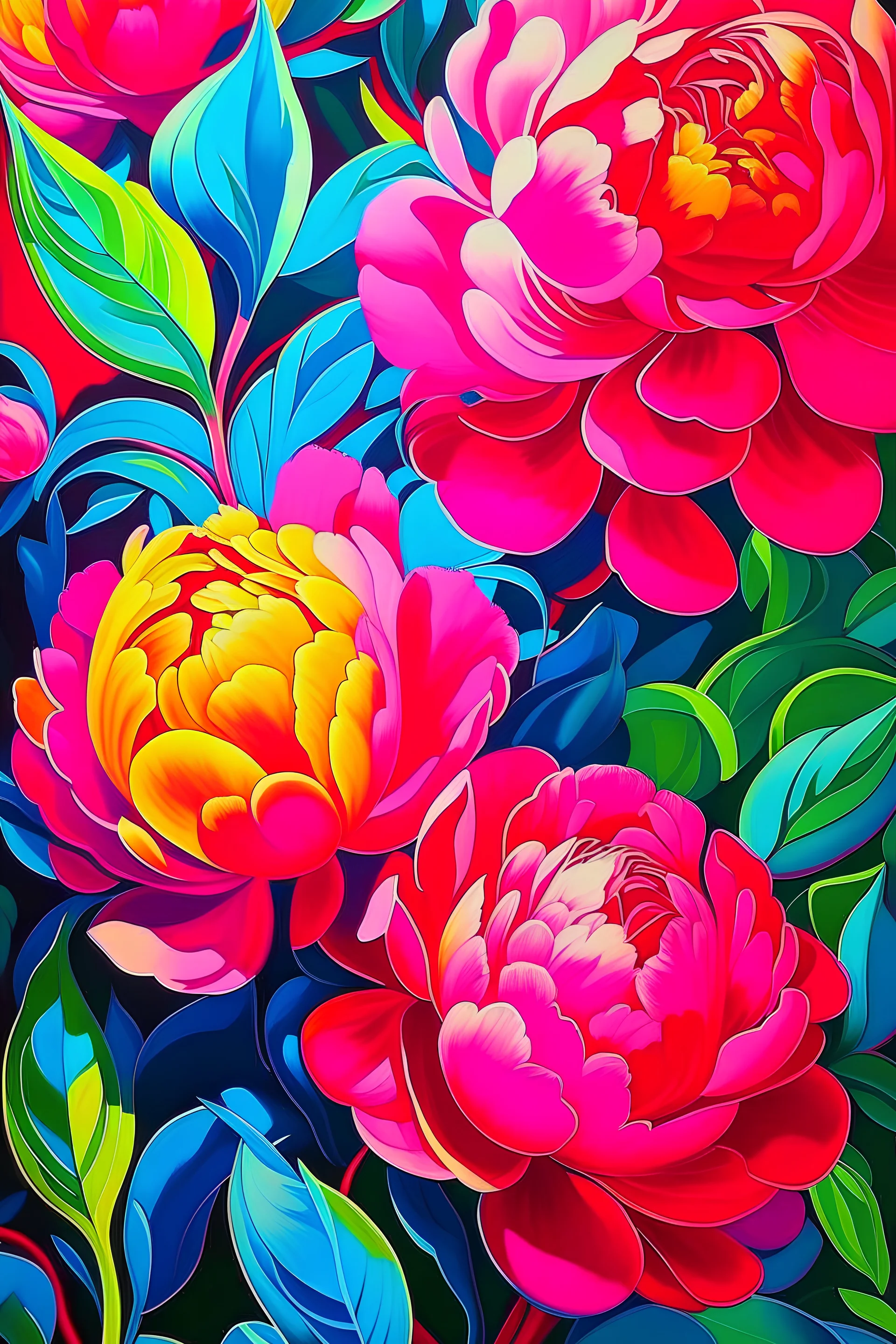 a vibrant and lively Risograph of peonies in full bloom. Highly intricate detailing, texture detail, 8k, The medium should be hyper-realistic drawing, with a style reminiscent of Georgia O'Keeffe's floral paintings. The lighting should be bright and direct, highlighting the intricate details and vivid colors of the flowers. The colors should be a vibrant palette of pinks, whites, and greens, with a focus on the contrast between the flowers and the background.