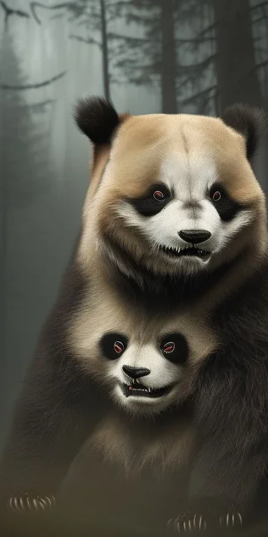 Demonic panda with fangs and scary in the dark scary forest Growling