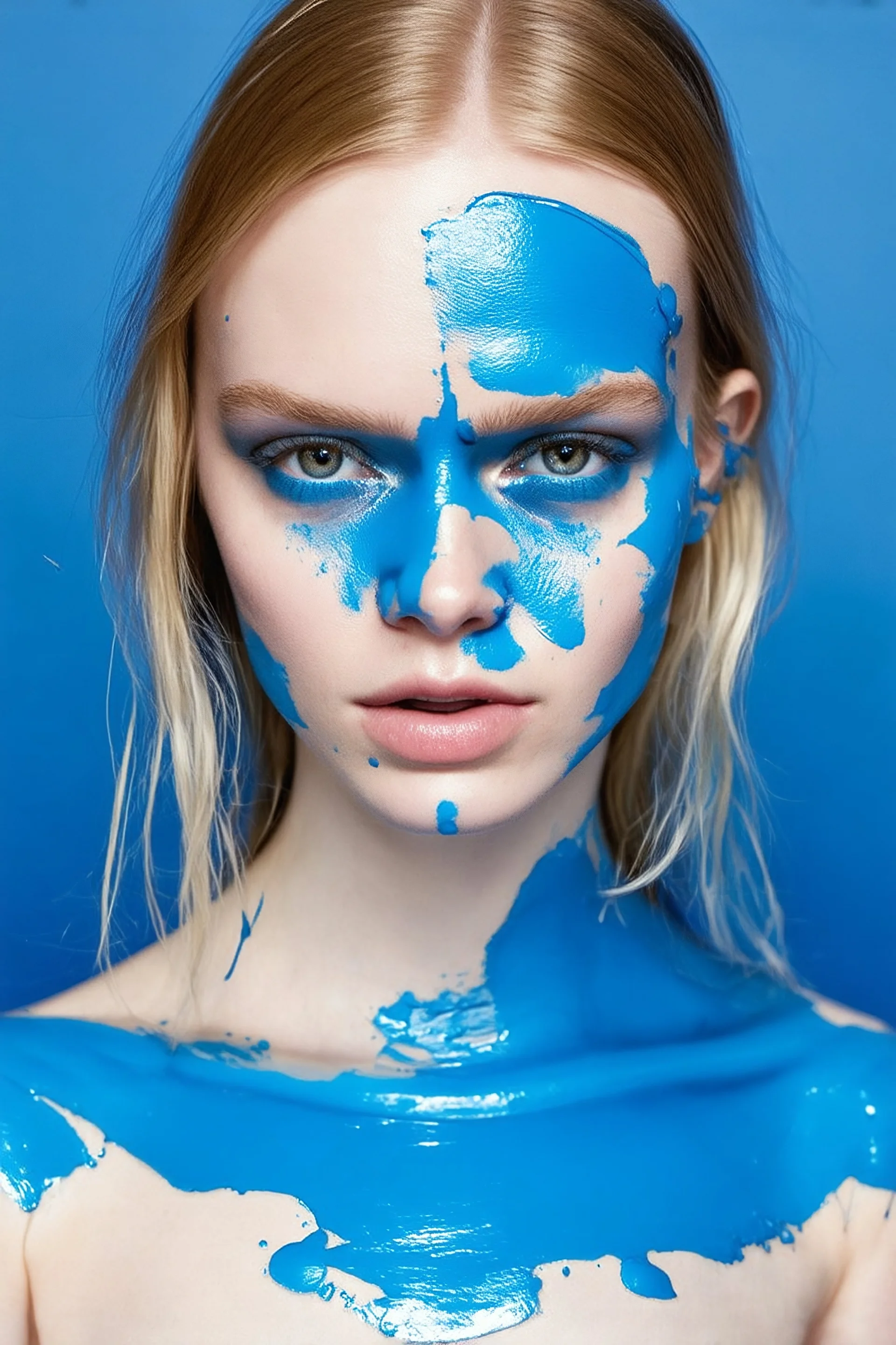 Blue paint spread on elle fanning's face