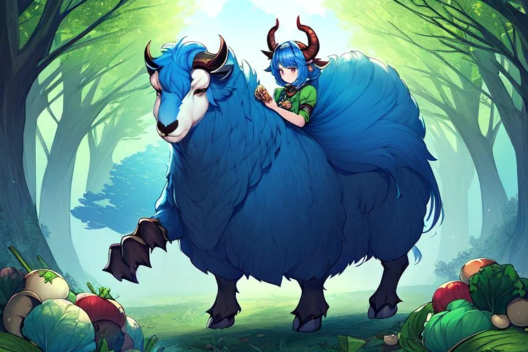 Girl goat horns, blue hair, clearing in forest, goat foot, cabbage in hand , hoof foot