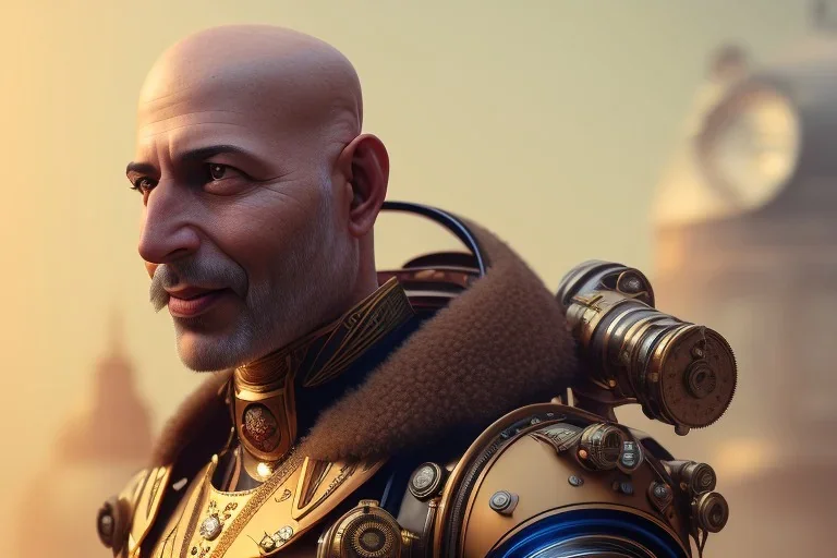 portrait of a bald and shaved Atul Bhardwaj, steampunk, brown eyes, no facial hair, steampunk, unreal 5, octane render, cinema4d, dynamic lighting, soft lighting, 4k, redshift render, highly detailed, hyper realistic