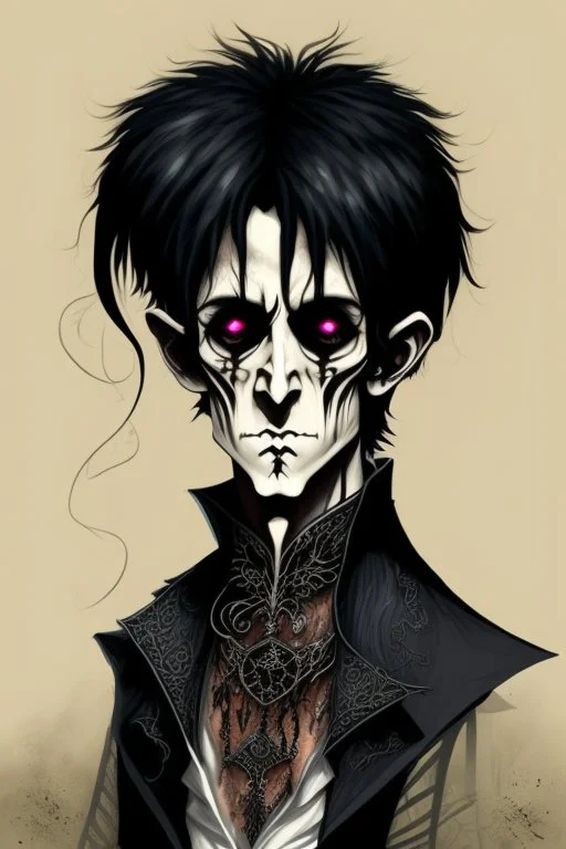 black haired young man necromancer wizard with gothic jewelry in the style of clive barker