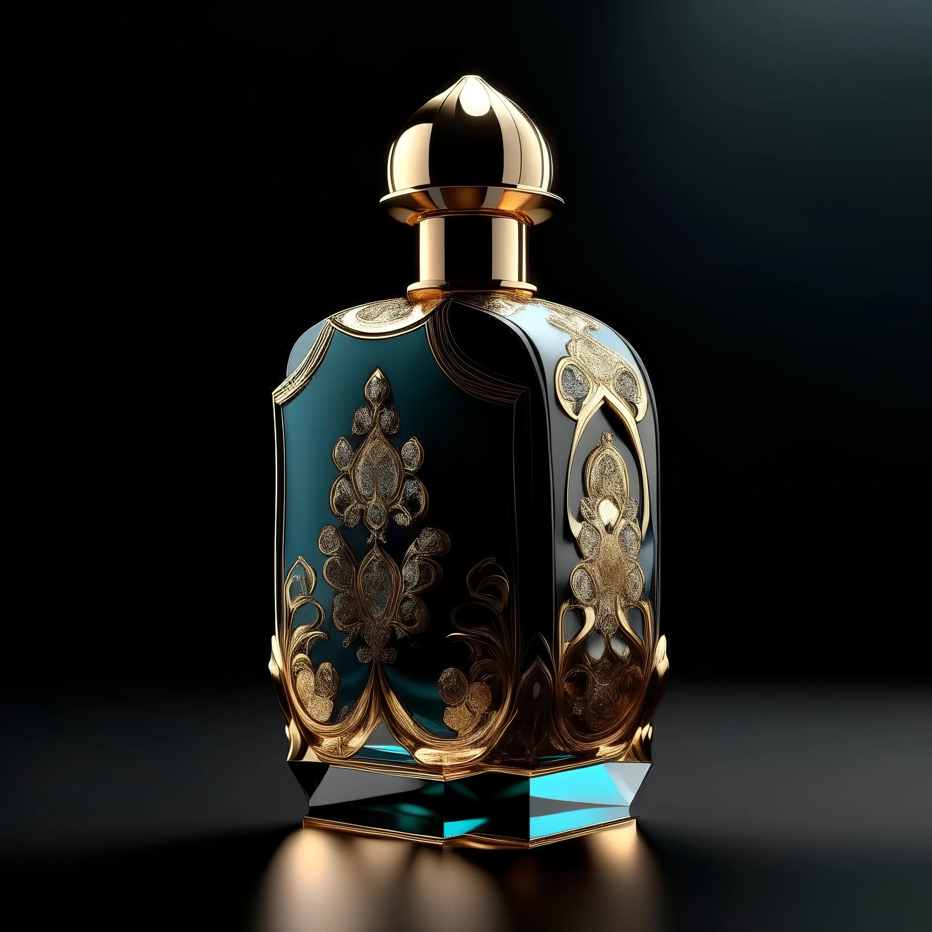generate me an aesthetic complete image of Perfume Bottle with Gilded Accents