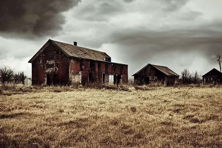 Old farmhouse, wasteland, storm, ruins