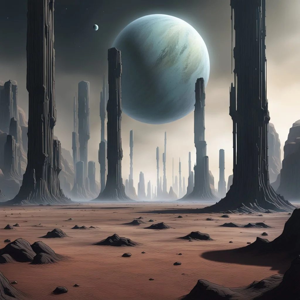 an anomalous planet with large abundant floating pillars and a bleak stony ground