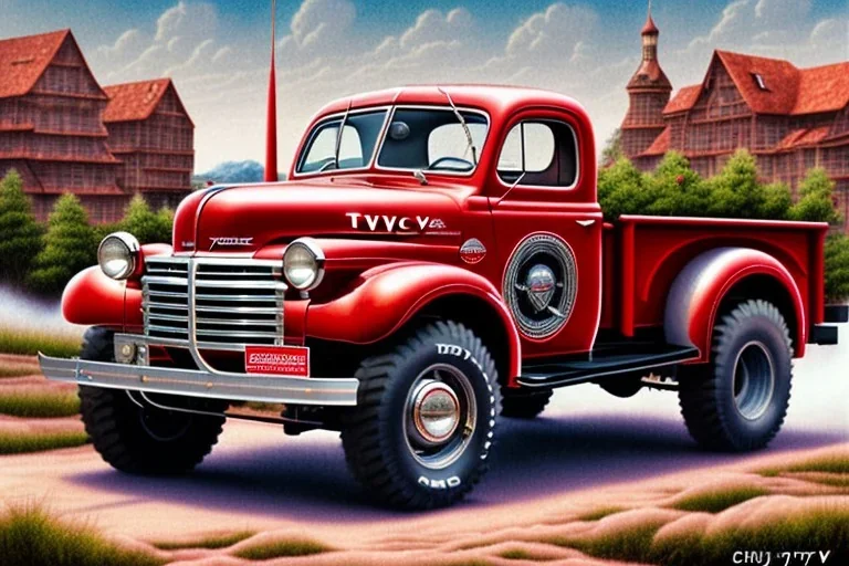 a true-to-life 1946 Dodge Power Wagon, classic wheels, centered, intricate, extreme detailed, photorealism, center view, city background, pivot on dodge, pen and color marker painting by cheryl kelley