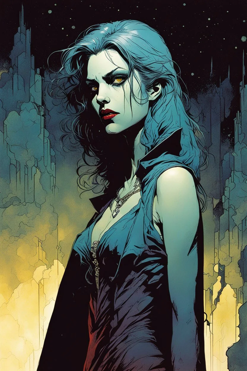 create a hardened, vampire girl in the comic book art style of Mike Mignola, Bill Sienkiewicz and Jean Giraud Moebius, , highly detailed,, grainy, gritty textures, , dramatic natural lighting