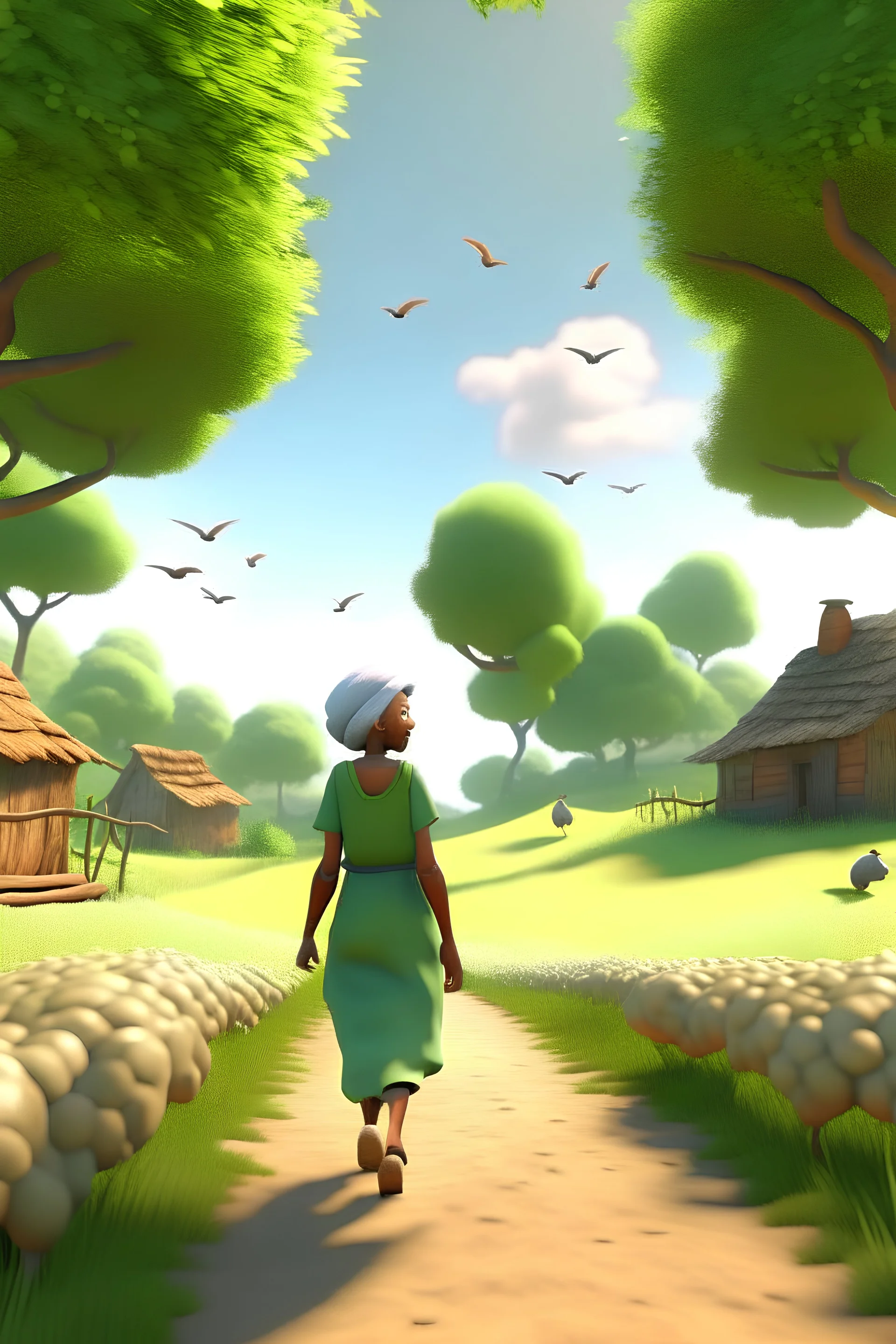 a black grandmother on a large beatiful farm with a long path and lots of tall trees and the wind blowing and the leaves falling and the annimals walking around the farm 3d image