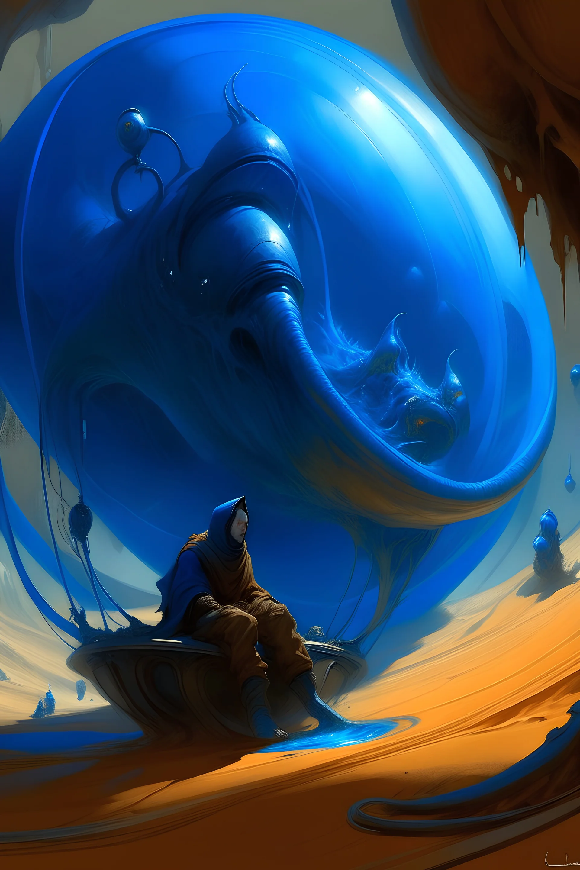 Dune - Mutated Guild Navigator suspended in a tank filled with spice gas, heads and extremities elongating become vaguely aquatic in appearance, Te Eyes Darkblue in blue, Alexandro Jodorowsy Art,Juan Gimenez Art,Sci-Fic Art,NijiExpress 3D v2,Kinetic Art,Datanoshing,Oil painting,Ink v3,eyes blue in blue,Abstract Tech,CyberTech Elements,Deco Influence,Air Brush style