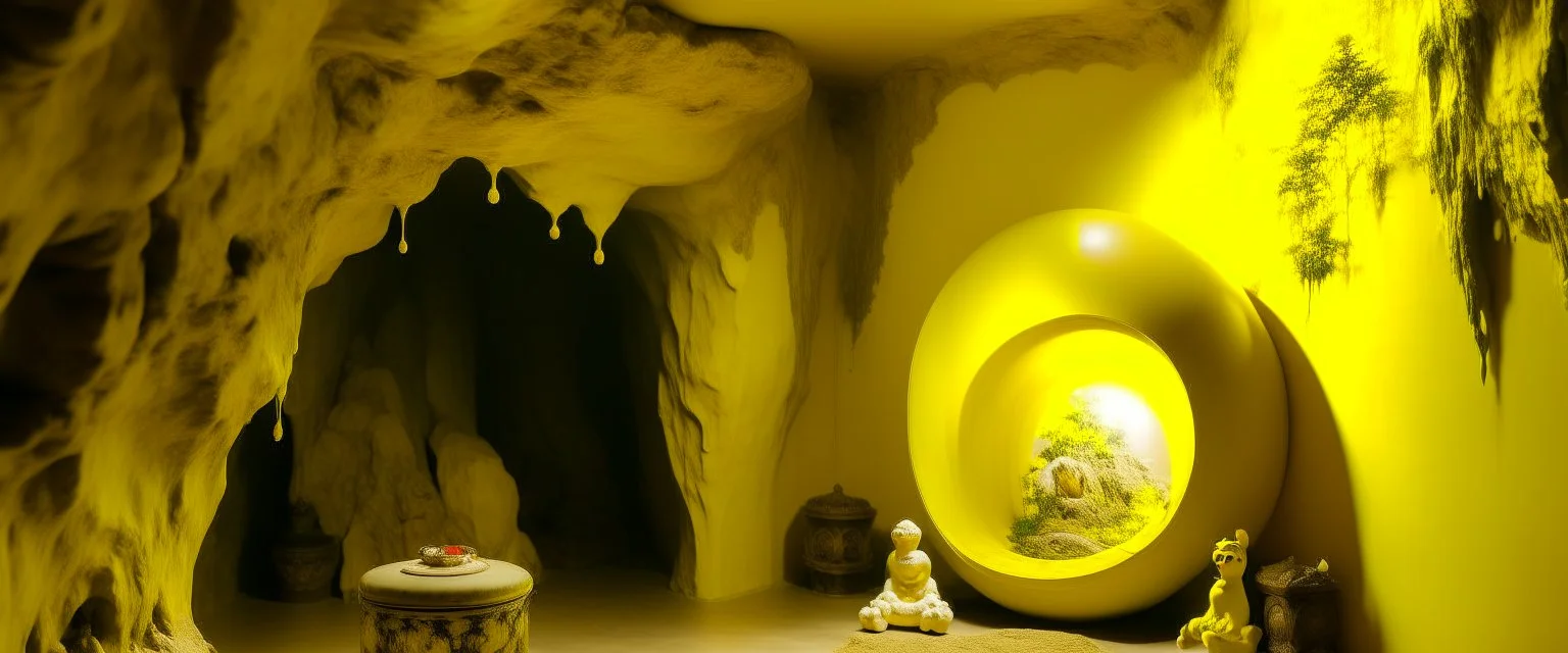 A yellow cave with a round electrical yeti designed in ancient Greek pottery painted by Qiu Ying