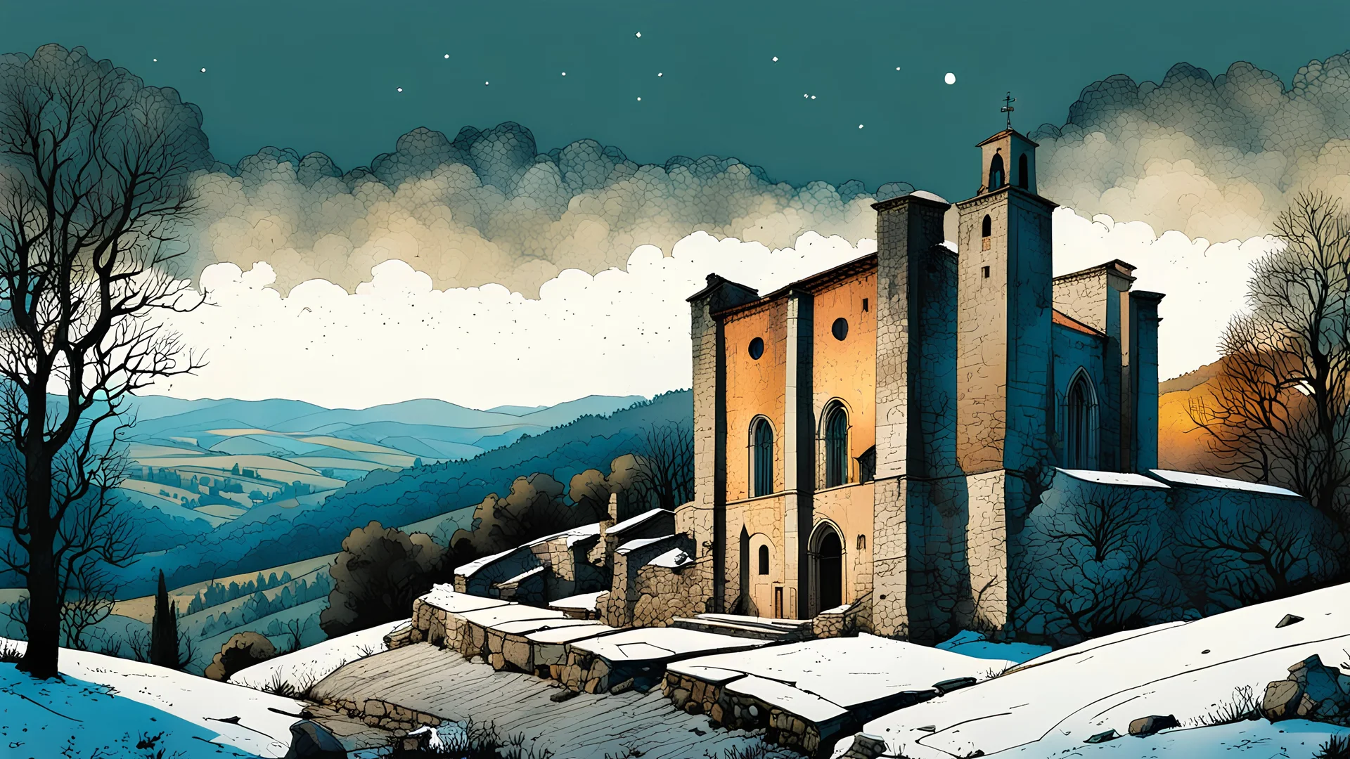 create a fine art print illustration of an old Italian village church and graveyard with highly detailed rough stonework, surrounded by ancient Lombardy poplar trees, in the hills of Tuscany under a bleak winter sky , in the comic book art style of Bill Sienkiewicz, and Jean Giraud Moebius, finely textured, drawn, colored, and inked