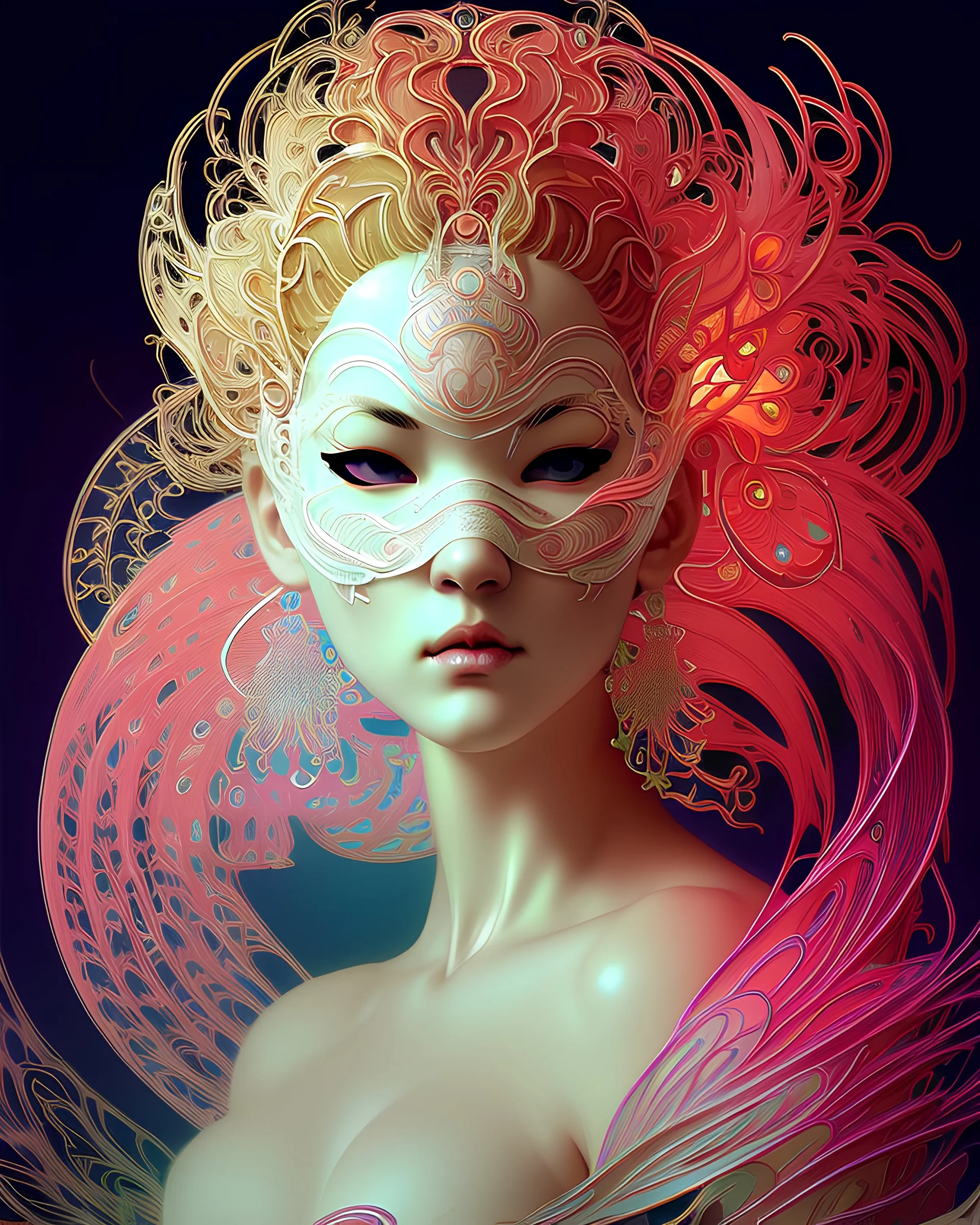 centered detailed venetian mask, vibrant peacock feathers, intricate, elegant, highly detailed, digital painting, artstation, smooth, sharp focus, illustration, illuminated lines, outrun, vaporware, intricate venetian patterns, cyberpunk darksynth, by audrey kawasaki and ilya kuvshinov and alphonse mucha