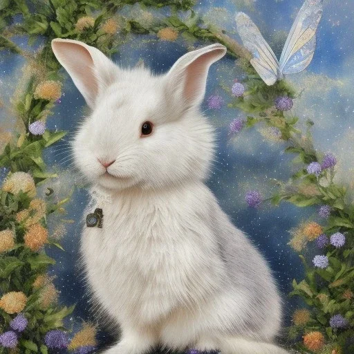 white platinum rabbit with blue third aye and butterfly wings, aboriginal, dot painting, indiginous, dot, mud, dream-time, abstract, dots, natural pigment, extremely sharp detail, finely tuned detail, ultra high definition, 8 k, unreal engine 5, ultra sharp focus, art germ and Paul Lewin and Kehinde Wiley, winter ambiance