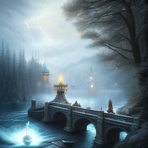 fantasy art, book cover, upper body of big mad wizard in front of the ebony stairs of a bridge or dam ,icy water, on the bridge is a wolf, there is also a hawk and everything is seen from the tree tops