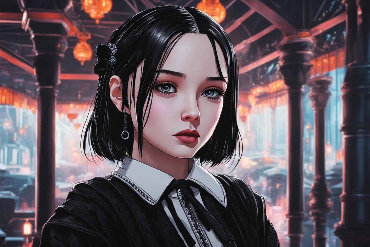 wednesday addams in 8k anime realistic drawing style, Gothic them, neon effect, close picture, rain, highly detailed, high details, detailed portrait, masterpiece,ultra detailed, ultra quality