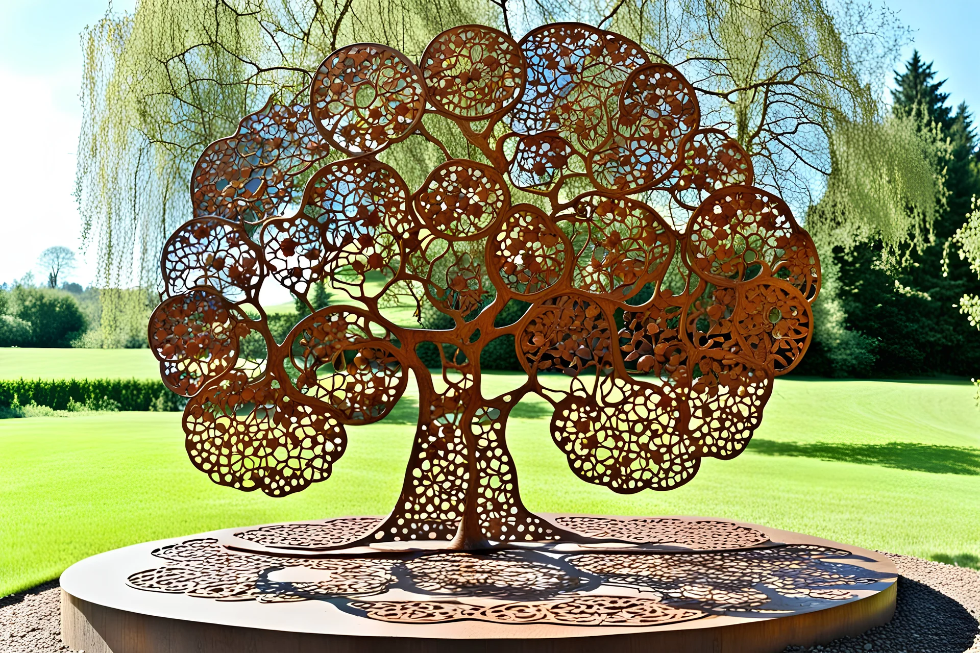 flat lace abstract sculpture representing an apple tree erected in a meadow. the trunk and leaves are rusted unpainted iron the flat metal apples are enamelled red