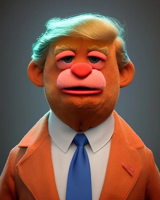 Waist up Portrait, Donald trump muppet, Sesame Street style, retro style, photo studio, unreal engine 5, god lights, ray tracing, RTX, lumen lighting, ultra detail, volumetric lighting, 3d.