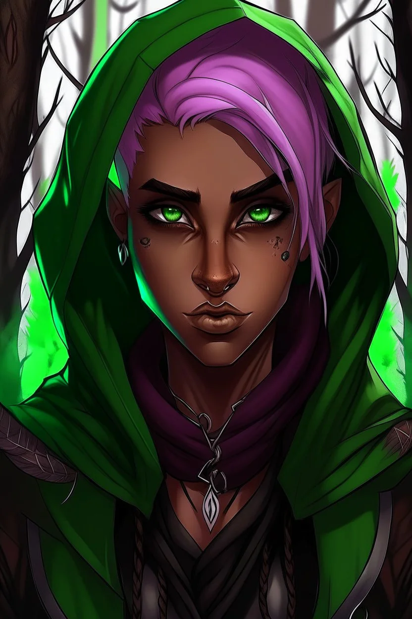 Non-binary wood elf, rogue assassin, brown skin, bright green eyes, mauve hair, hooded black leather, shy, trees, stoner