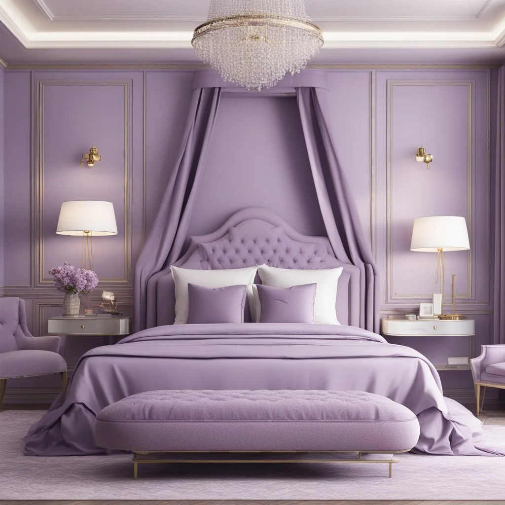 hotel bedroom master, modern classic style, lavender colors, 3d