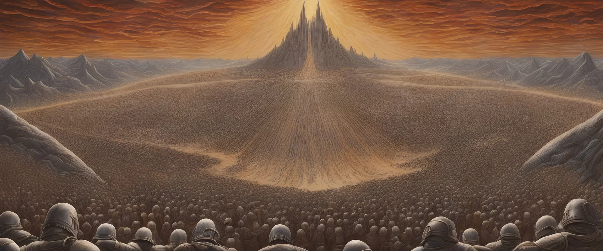 The painting is in alex gray style of The Battle of Pelennor Fields, the eye of sauron over the tower, aliens from the movie aliens in the sky and on the ground, stormtroopers from starwars on the ground fighting the aliens