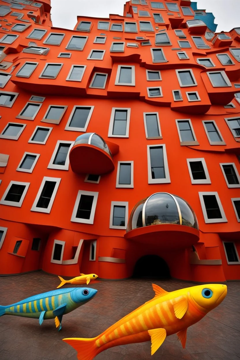 A crazy surreal incandescent building with flying fishes by artist "Sandy Skoglund",by artist "Hundertwasser",by artist "Victor Enrich"