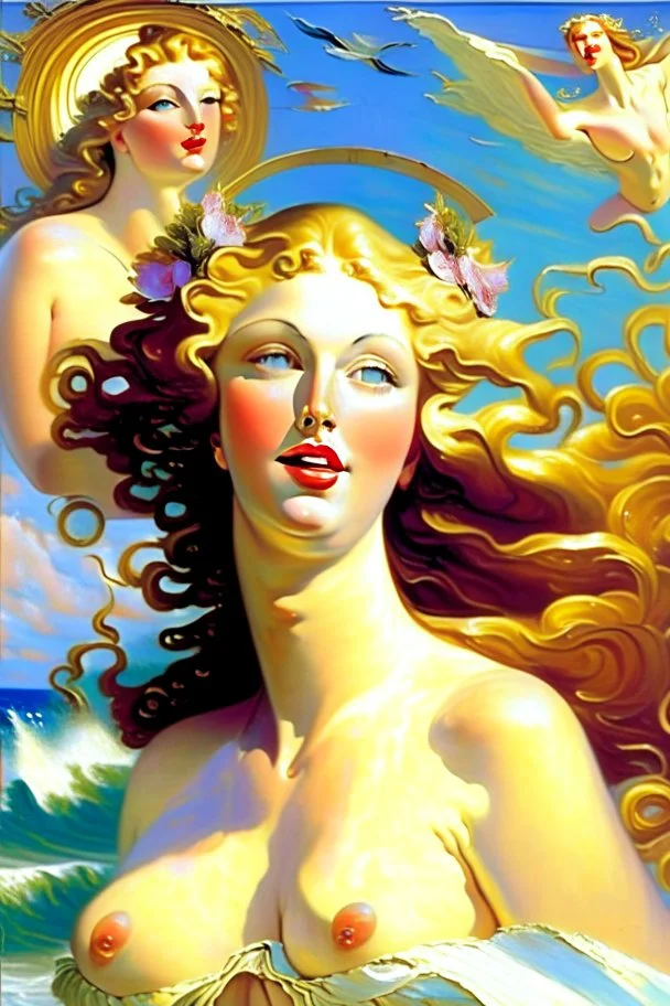 a striking painting of the birth of Venus, as she arrives on the shore, on the shore there are modern life ladies with facelifts, Botox lips, too much makeup, fake beauty , they look at her jealously as their fake beauty cannot overshadow the natural beauty of Venus