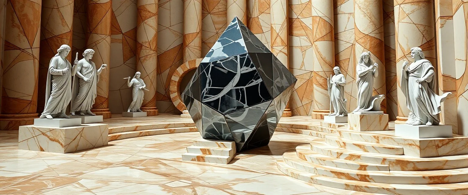 perfect geometry, niad, greek gods and heroes, the chariot, the fool and the tower tarot card disaster rendered in magnificient 4d glossy marble stones reflective and wet, like mirrors, winding stairs, watchers, statues of perfect octahedron dice