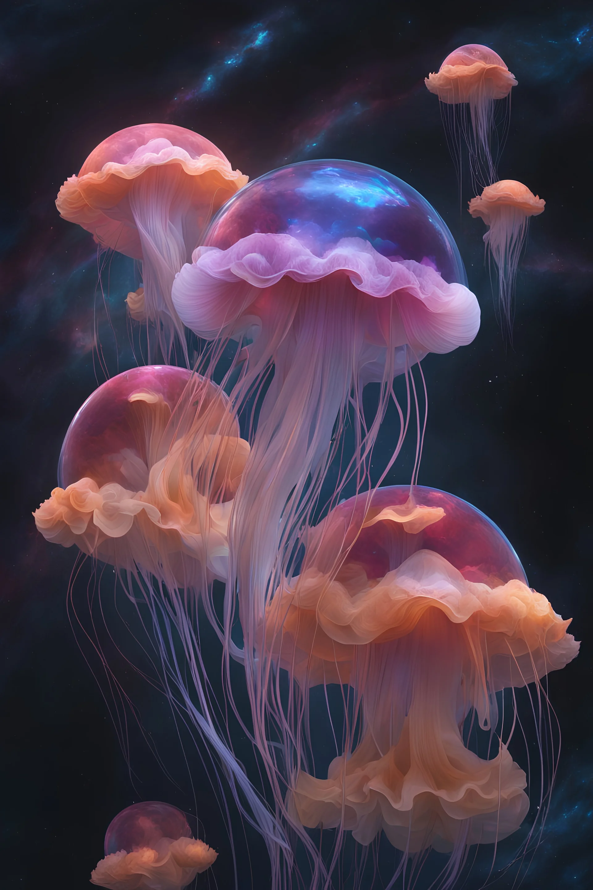 dozens of jellyfish floating in space, colorful nebula, galaxy, nautilus, orchid, betta fish, bioluminiscent creatures, intricate artwork by Tooth Wu and wlop and beeple. octane render, trending on artstation, greg rutkowski very coherent symmetrical artwork. Cinematic lighting, Volumetric lighting, Epic composition, Photorealism, Bokeh blur, Very high detail, Sony Alpha α7, ISO1900, Character design, Unreal Engine, Octane render, HDR, Subsurface scattering