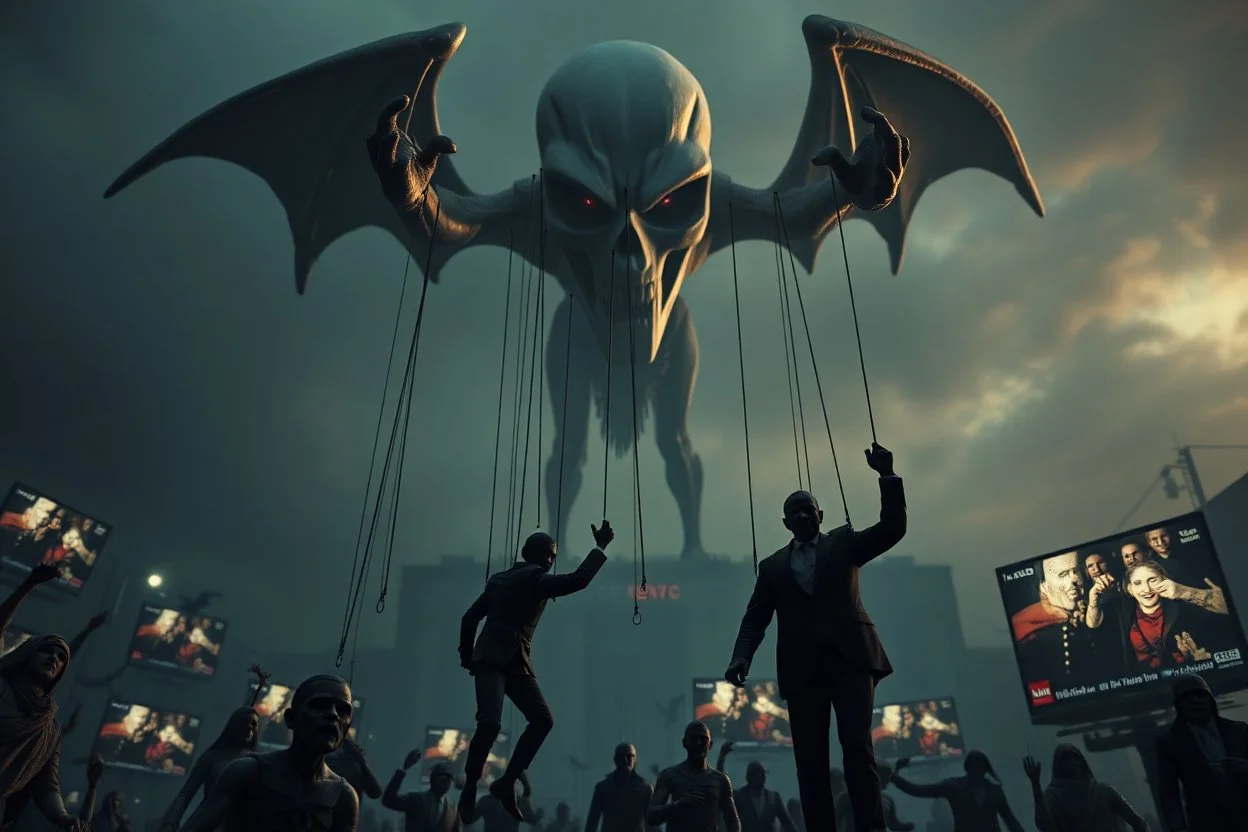 an evil government looms above, wielding marionettes below as the news media broadcasts their suffering in the background, dystopian, dread, horror