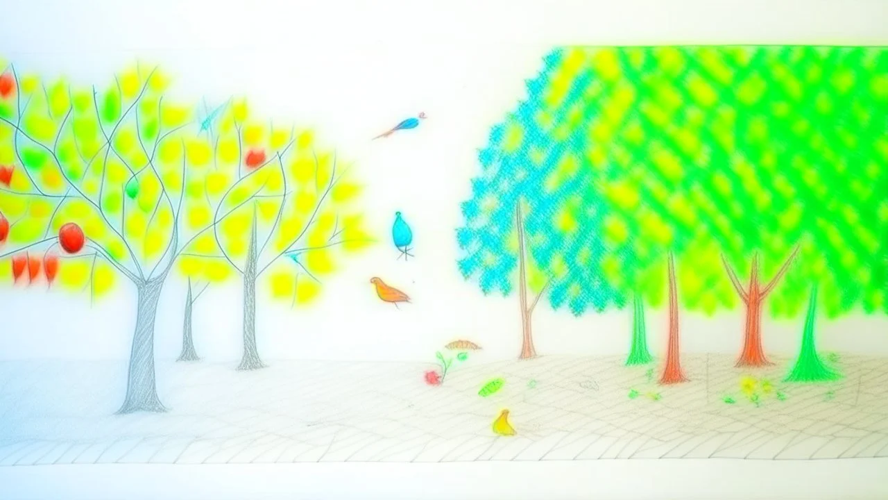 Colored pencil drawing made by a 5 year old child of a minimalist garden. White background.