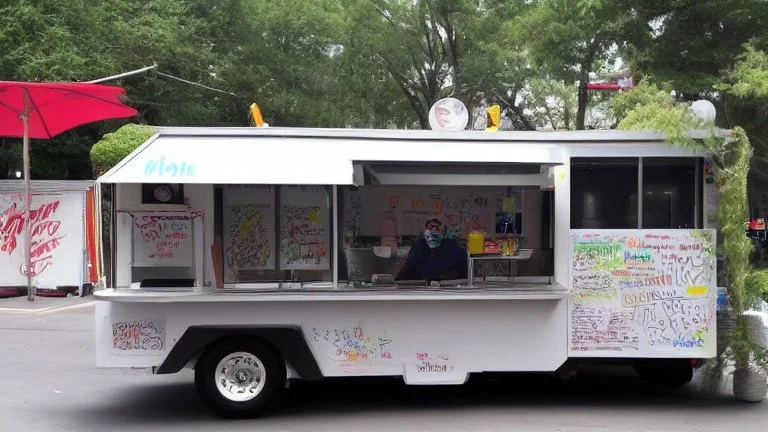 modern looking food truck that has a bunch of bright paint and flashy lights and fireworks