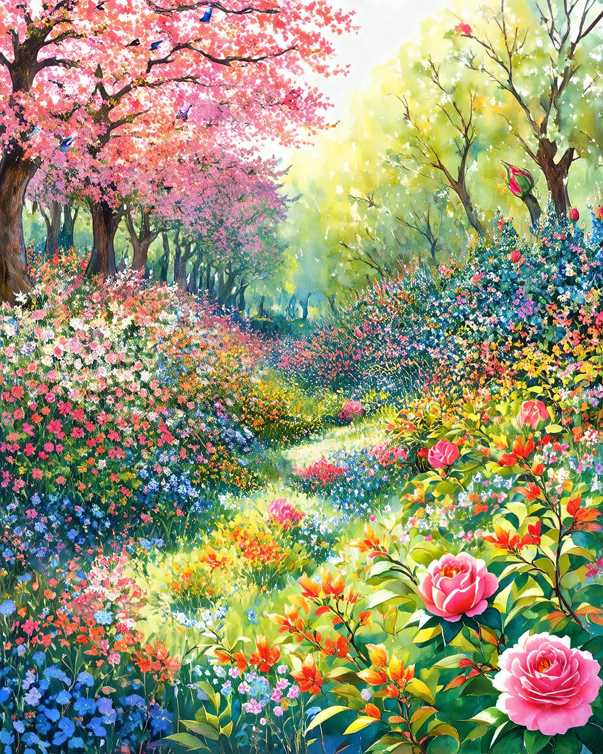 Wild garden, flower beds, fractal ornamentation, over detailed, gloriously full and confusing, nothing that really exists, everything made up, fantasy world, sweet briar, ink and watercolour, gouache graphic art, song birds, ochre rose, rose buds, dewy morning, forest of oaks,