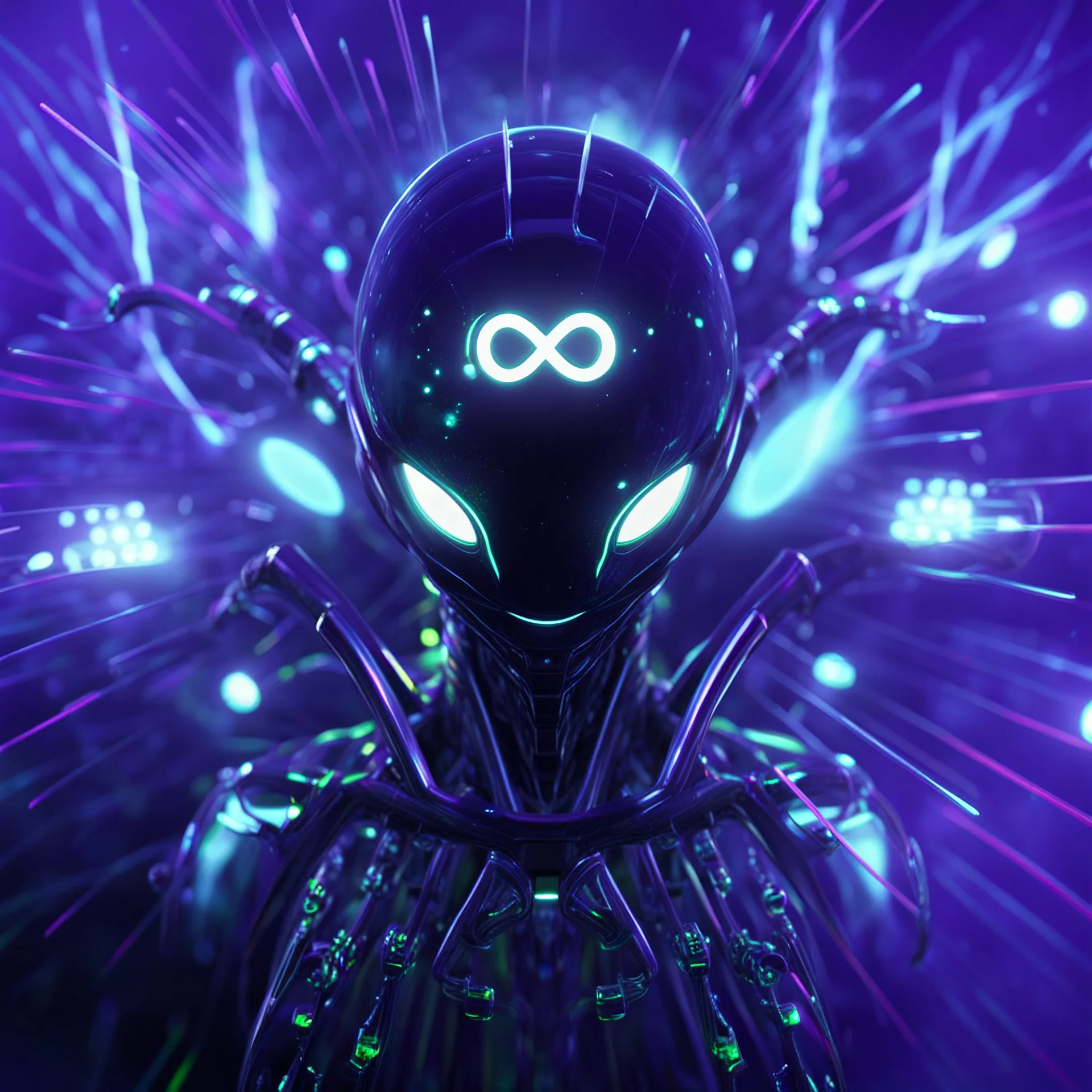 3D infinity symbol ∞ on alien's forehead, infinity figure-of-eight symbol is totally-symmetrical and glowing, exotic, neon, alien, inspiring, fantasy, scientific, friendly, beautiful, octane render, 8k post-production, artstation: award-winning: atmospheric: commanding: fantastical: clarity: 16k: ultra quality: striking: brilliance: liquid medium: stunning colors: amazing depth; lens: f/8, 28mm