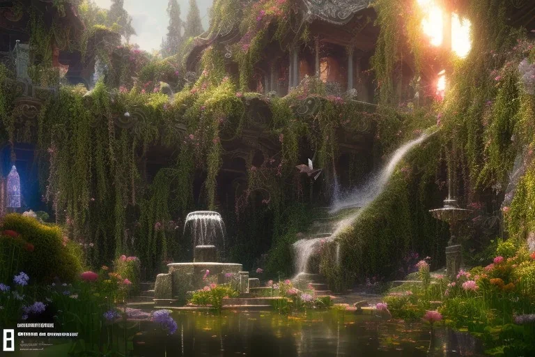 beautiful hyperrealistic secret flower garden in the middle of temple ruins, water fountain, birds flying, highly detailed, digital painting, trending artstation, concept art, illustration, cinematic lighting, vibrant colors, photorealism, epic, octane render