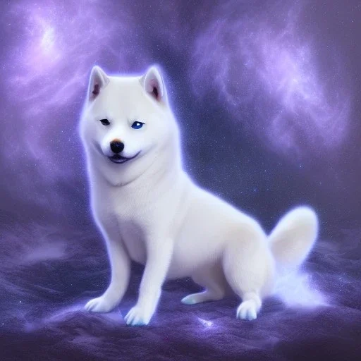 albino shiba inu, ethereal blue violet aura, Orion, orbs, hunter